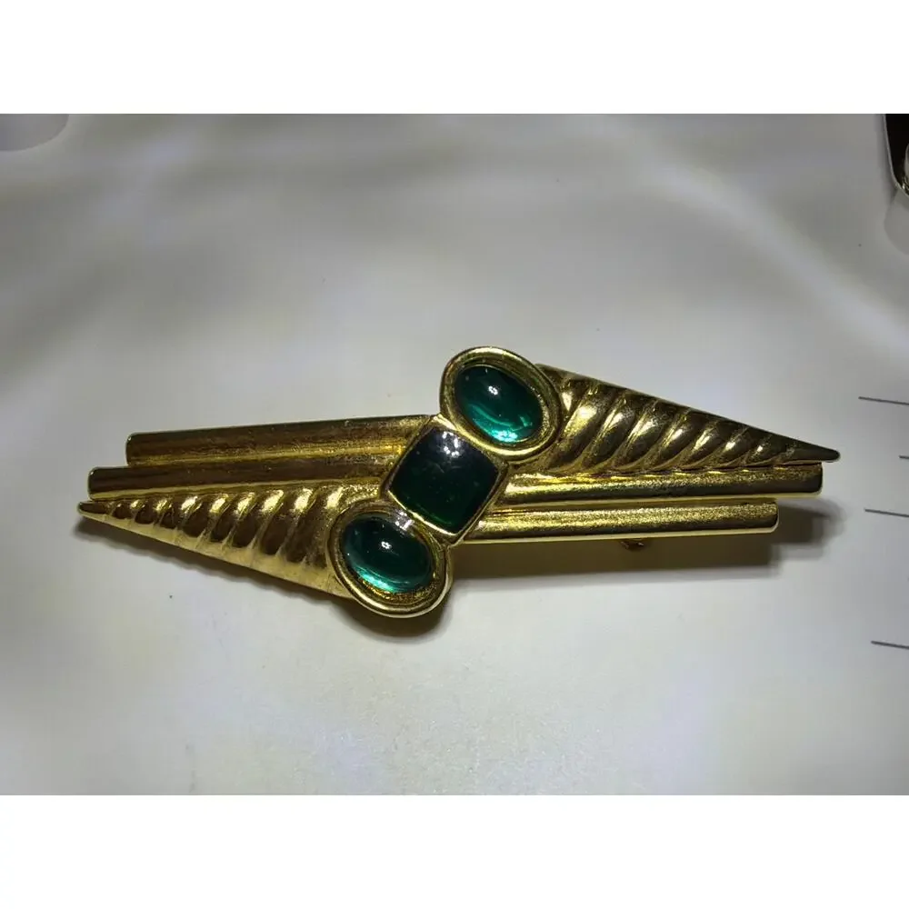 Vintage Gold Tone Green Cabochon Art Deco Modernist Brooch Geometric Pin